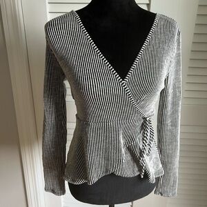 Caution to the Wind Striped Black and White Peplum Wrap Top